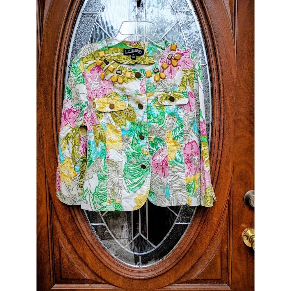 Linear Jacket Tropical Floral Multicolored 4 Buttons 3/4 Sleeves M